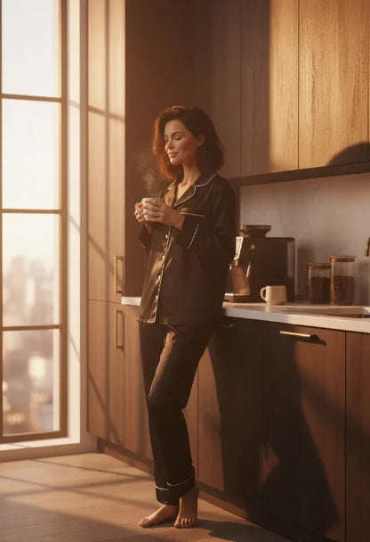 Black Satin Pyjama Set – Long Sleeve