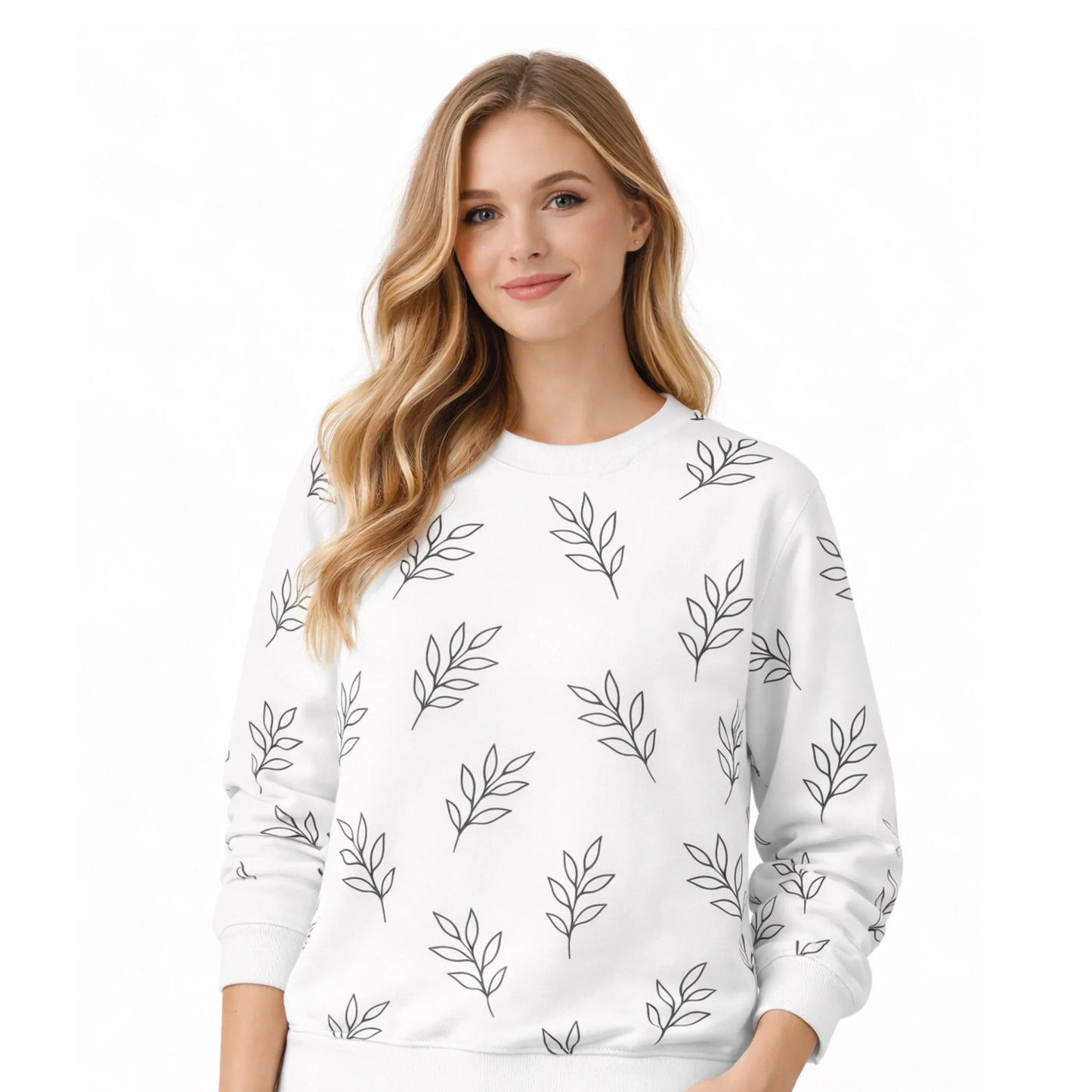White leaf-print sweatshirt for women, cozy everyday wear with botanical design