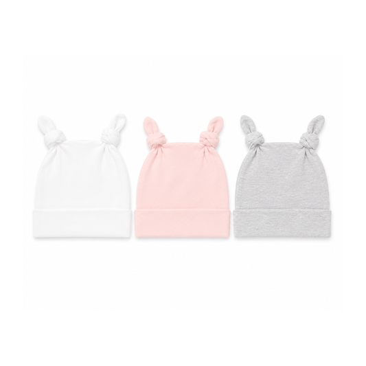 Double Knot Beanie 3 pack - Girls Pale pink/ grey/ White