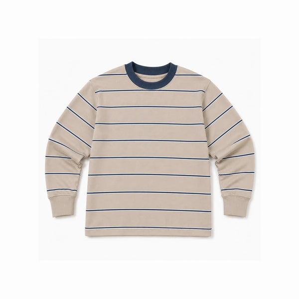 Beige long sleeve striped shirt with navy collar, ideal for kids or adults everyday wear
