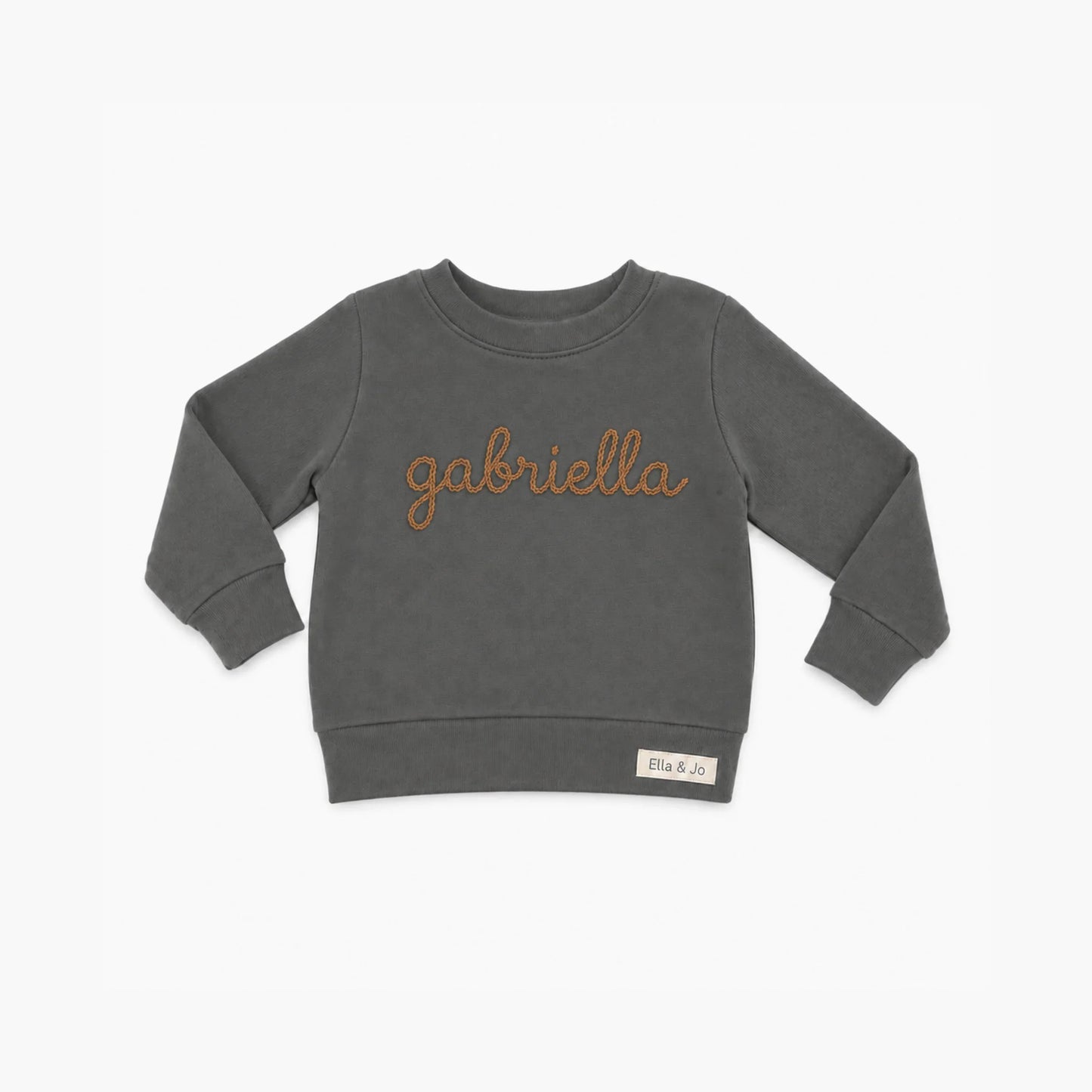 Personalized kids sweatshirt with 'gabriella' embroidery, soft gray long sleeve for toddlers