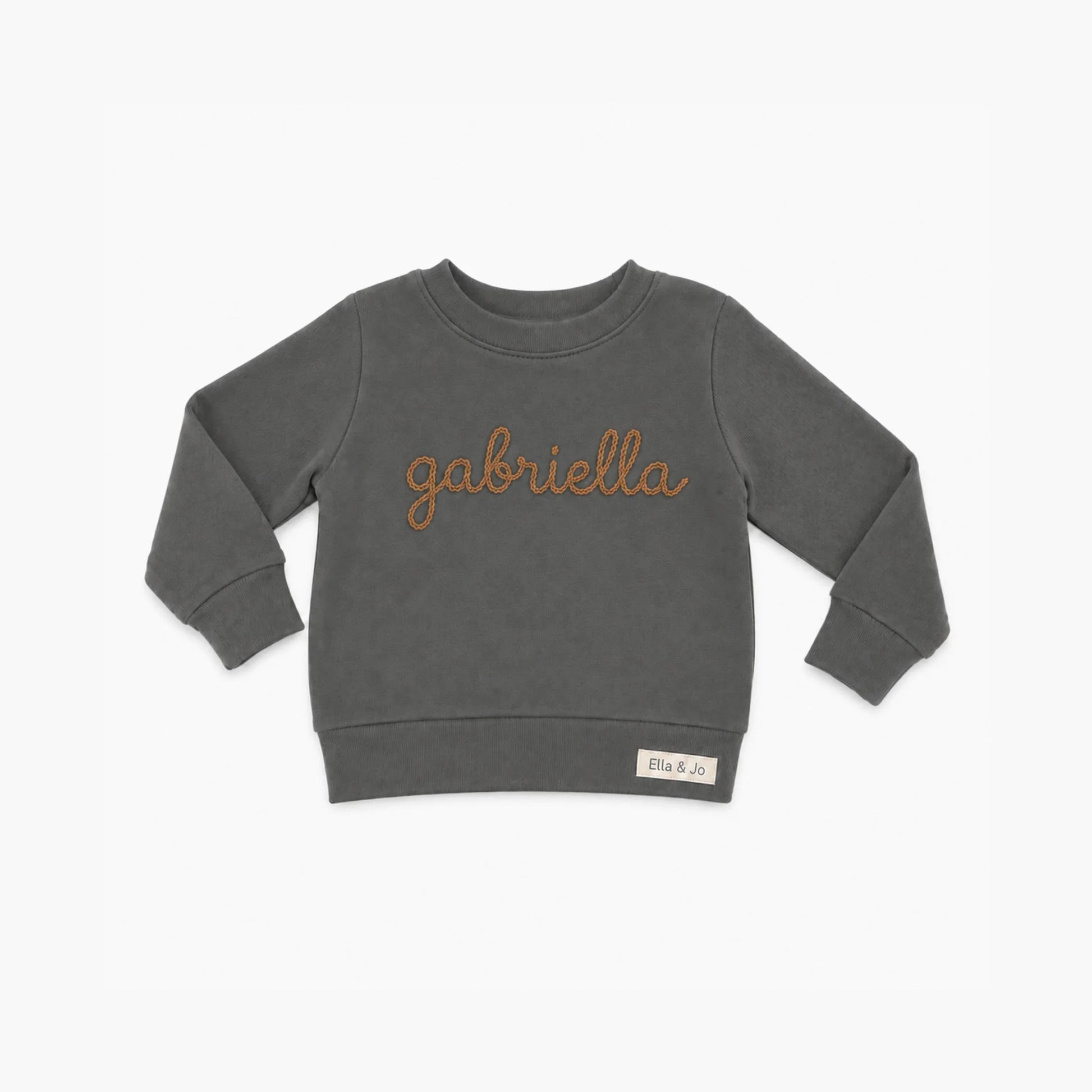 Personalized kids sweatshirt with 'gabriella' embroidery, soft gray long sleeve for toddlers