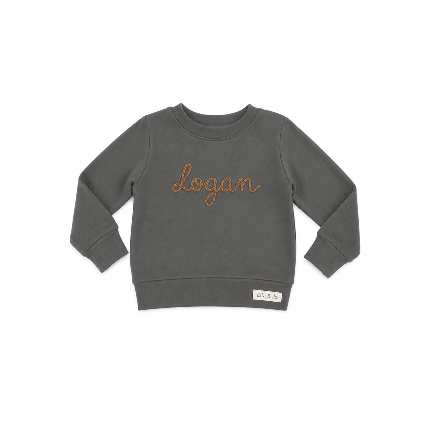 Grey kids sweatshirt with 'Logan' embroidered in brown, featuring Ella & Jo brand tag