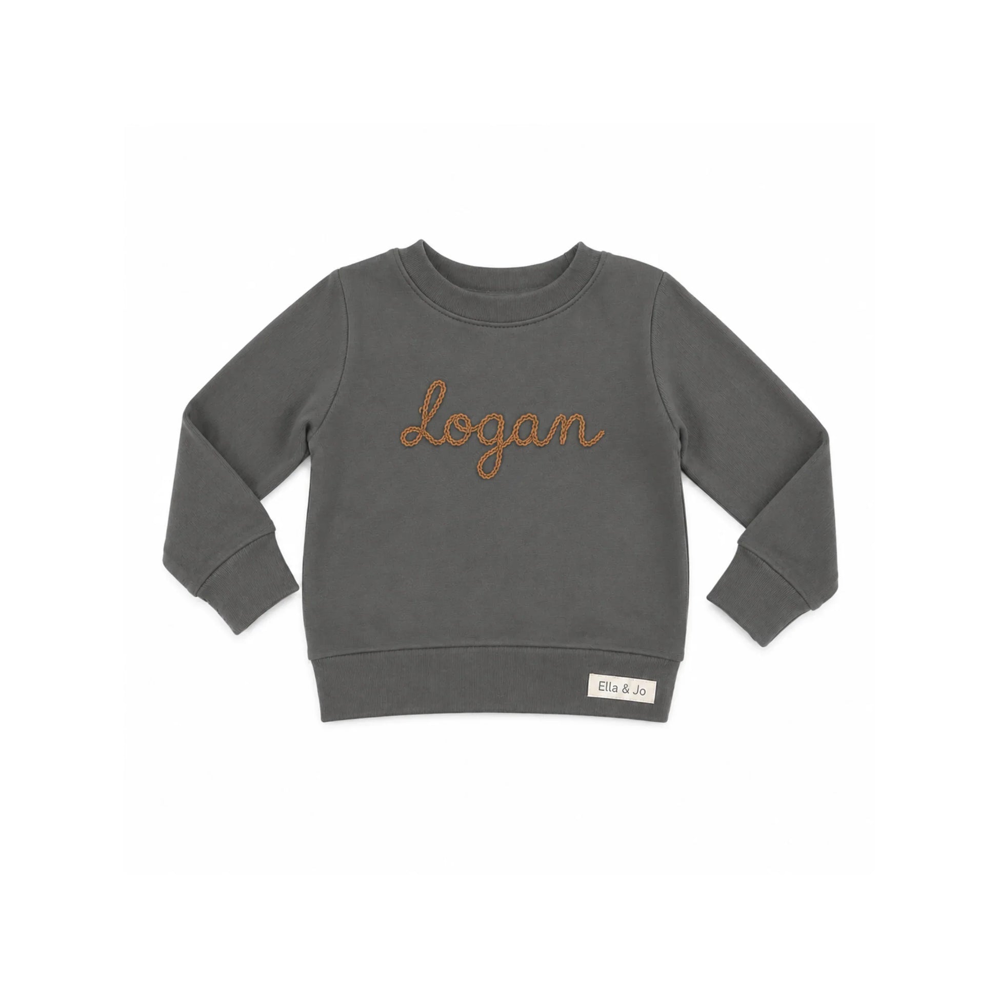 Grey kids sweatshirt with 'Logan' embroidered in brown, featuring Ella & Jo brand tag