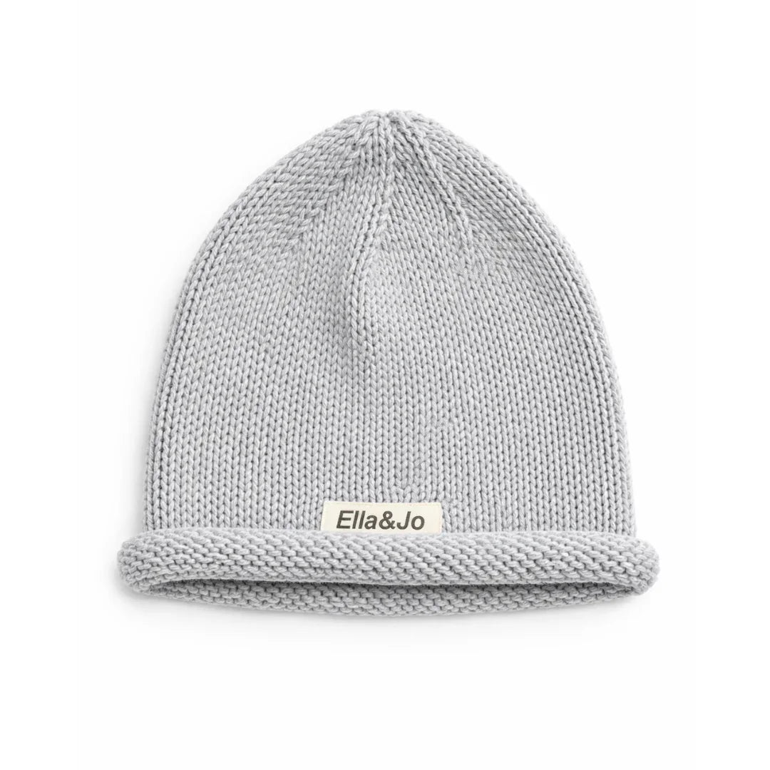 Soft grey knit beanie with Ella&Jo label, cozy winter hat for kids or adults