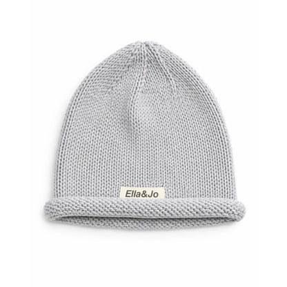 Soft grey knit beanie with Ella&Jo label, cozy winter hat for kids or adults