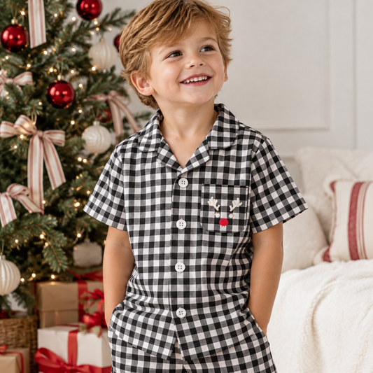 Christmas Gingham Childrens PJ Set - Black with Reindeer Embroidery