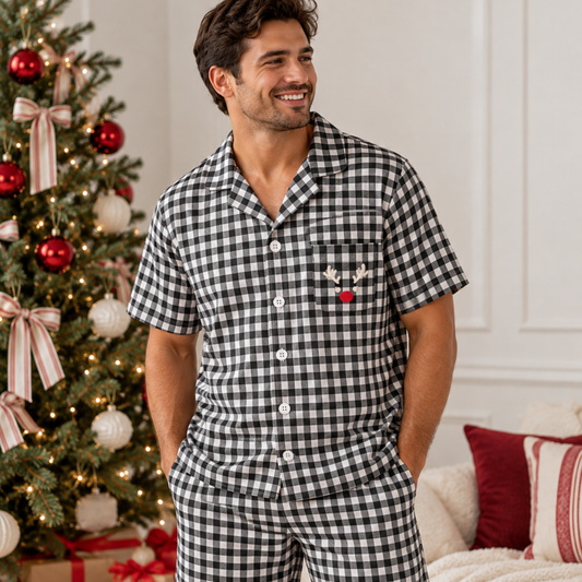 Christmas Gingham Mens PJ Set - Black with Reindeer Embroidery