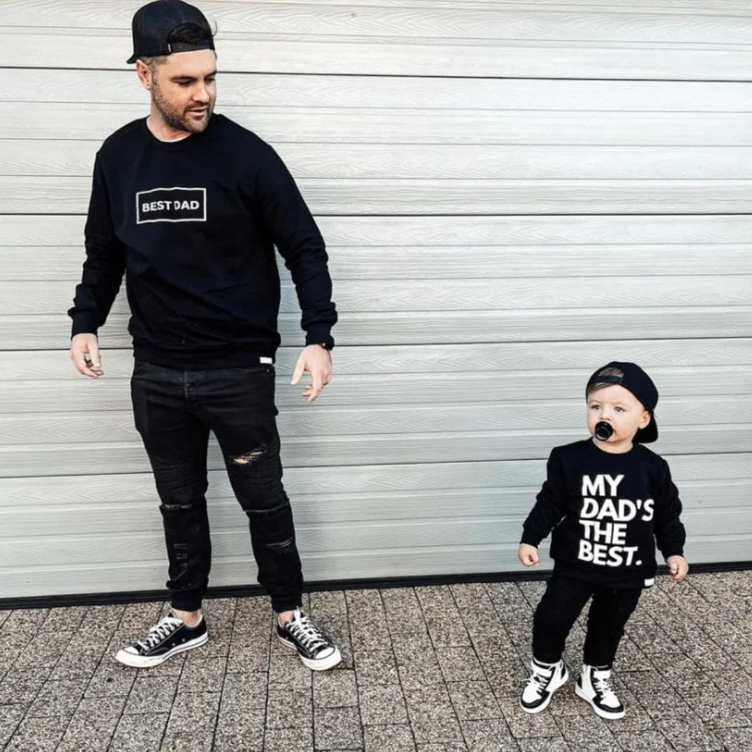 Matching black 'Best Dad' and 'My Dad's The Best' sweatshirts for dad and toddler, casual family outfits