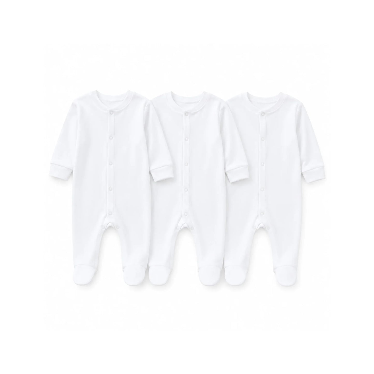 Three white baby footed onesies with front snap closures, ideal for newborns and infants.