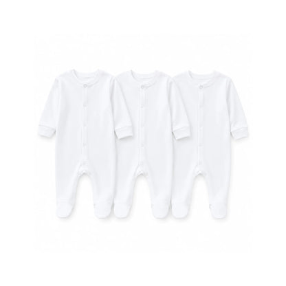 Three white baby footed onesies with front snap closures, ideal for newborns and infants.