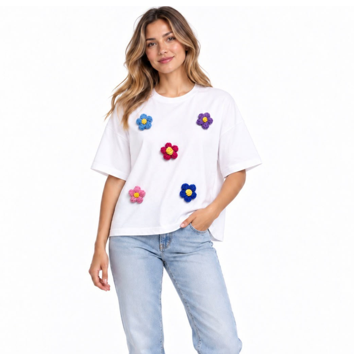 Boxy Tee - Applique Flower Detail Ladies