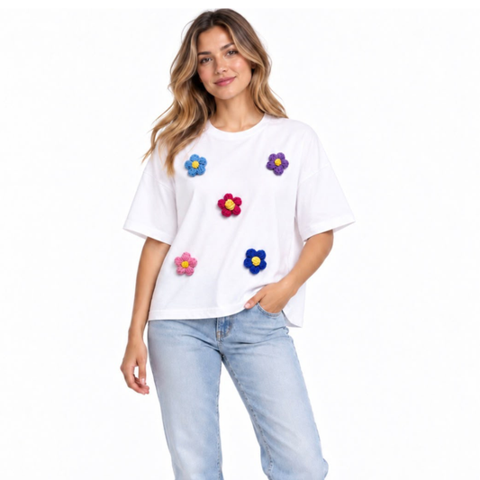 Boxy Tee - Applique Flower Detail Ladies
