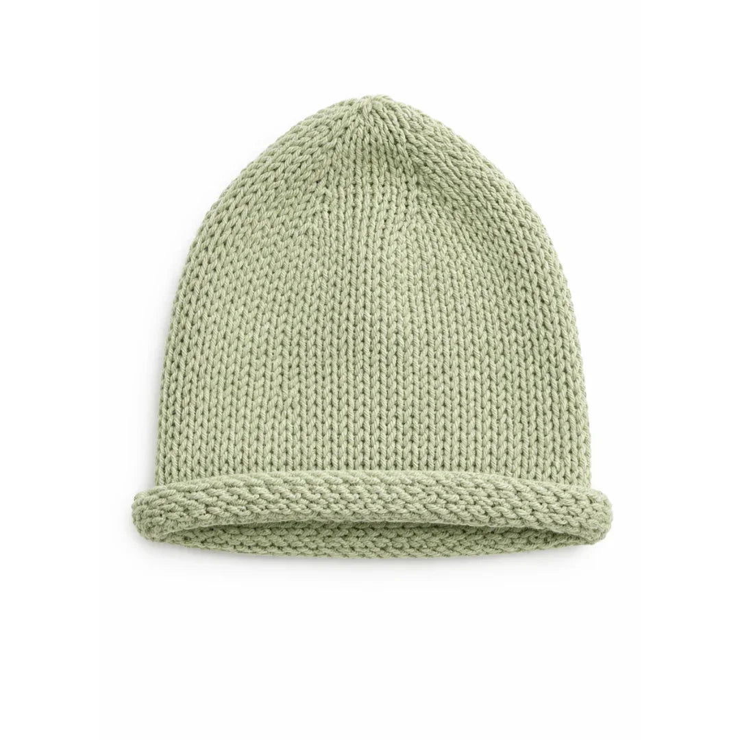 Soft sage green knit beanie with folded cuff, cozy winter hat for kids or adults