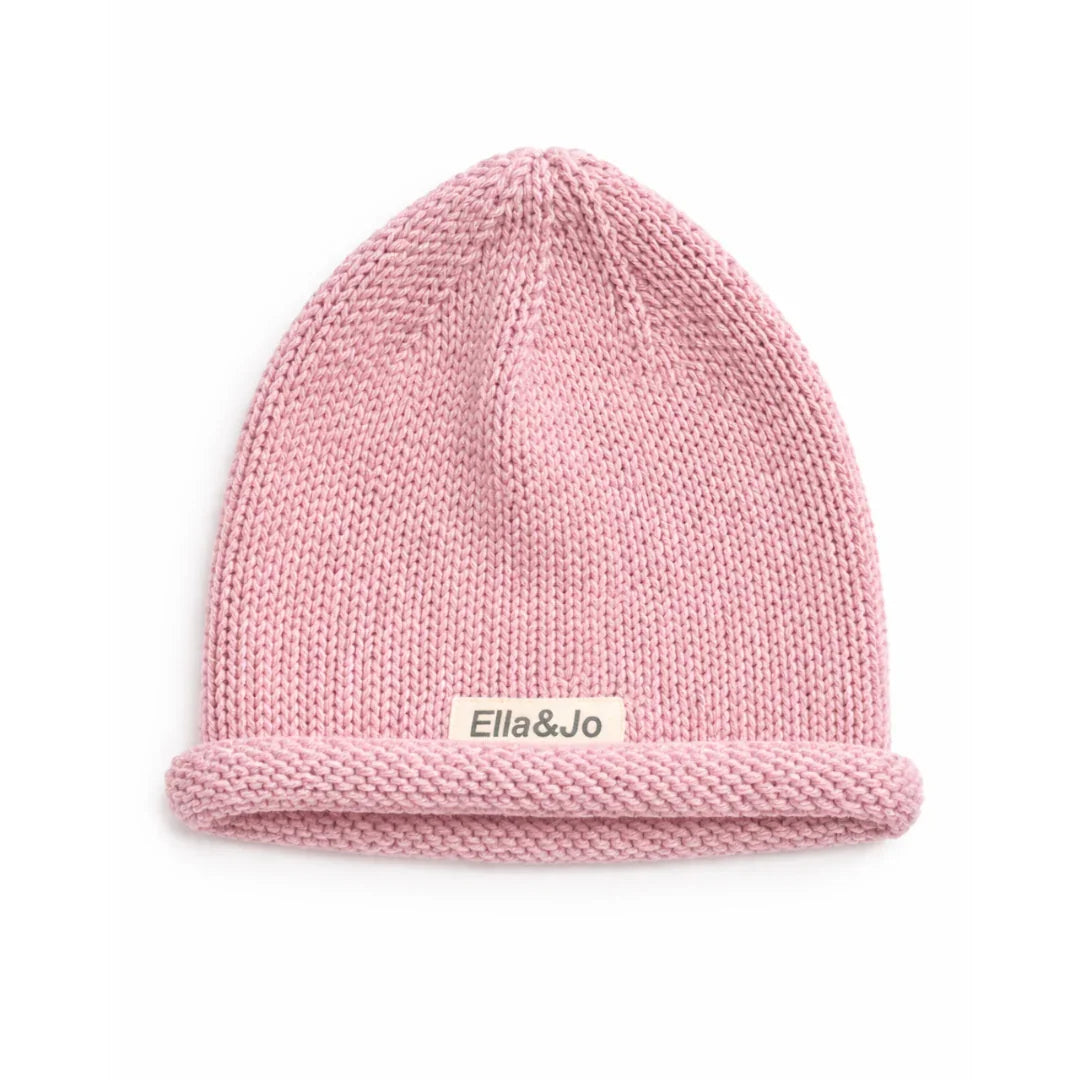 Soft pink knit beanie with cuffed brim and Ella&Jo label, cozy winter hat for kids or adults