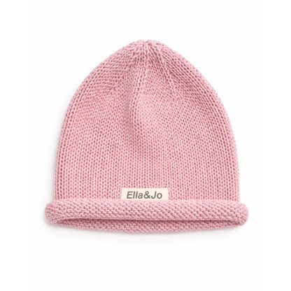 Soft pink knit beanie with cuffed brim and Ella&Jo label, cozy winter hat for kids or adults