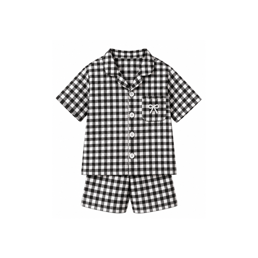 Christmas Gingham Children's PJ Set - Black with Bow Embroidery