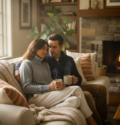 Cozy couple in warm sweaters enjoying hot drinks by fireplace, South African fashion for adults