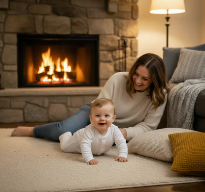 Baby in white onesie crawling on rug near fireplace with mom, cozy home setting