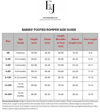 Babies' footed romper size guide with age, height, chest, sleeve, and foot measurements for South African clothing
