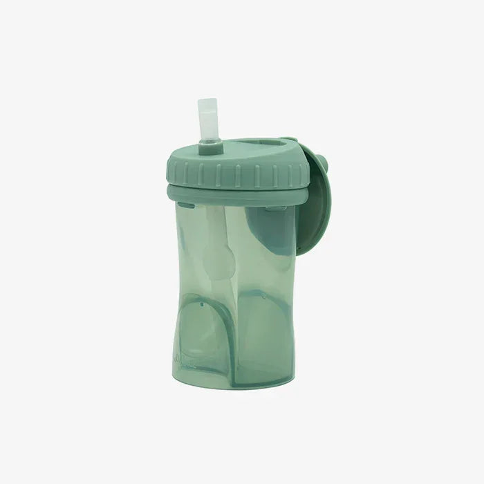 Sage green sippy cup with straw and handle for toddlers, ideal for everyday use