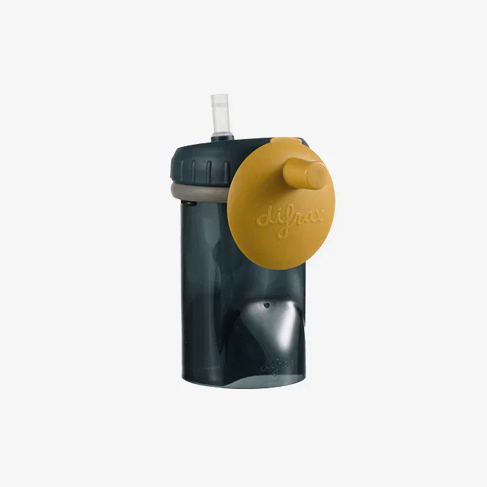 Difrax sippy cup with straw, dark grey body and mustard yellow lid, ideal for toddlers