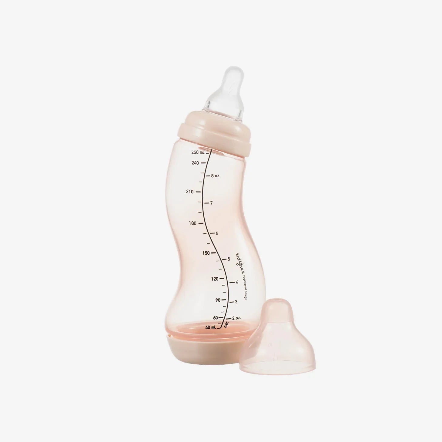 Pink baby bottle with measurement markings and extra nipple, ideal for infant feeding essentials.