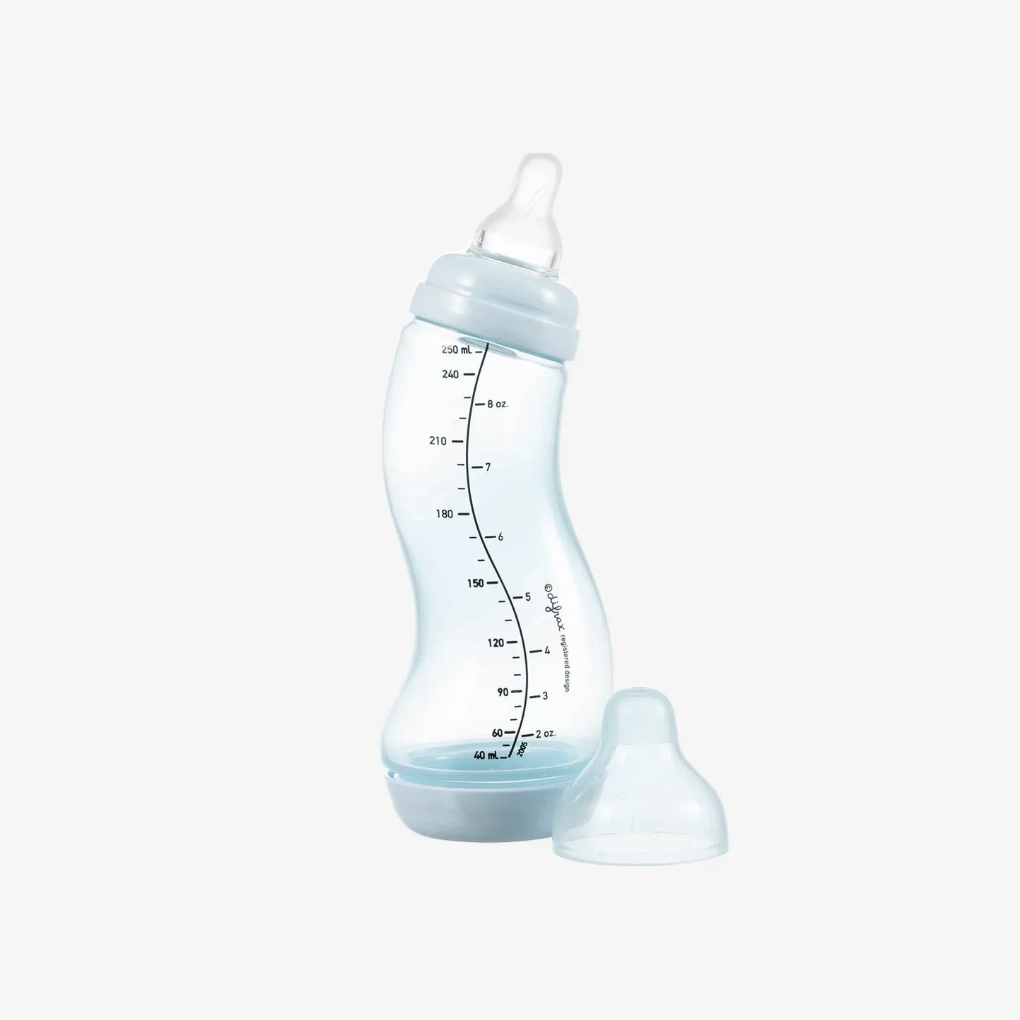 Clear baby bottle with blue accents, measurement markings, and extra nipple, ideal for infant feeding essentials.