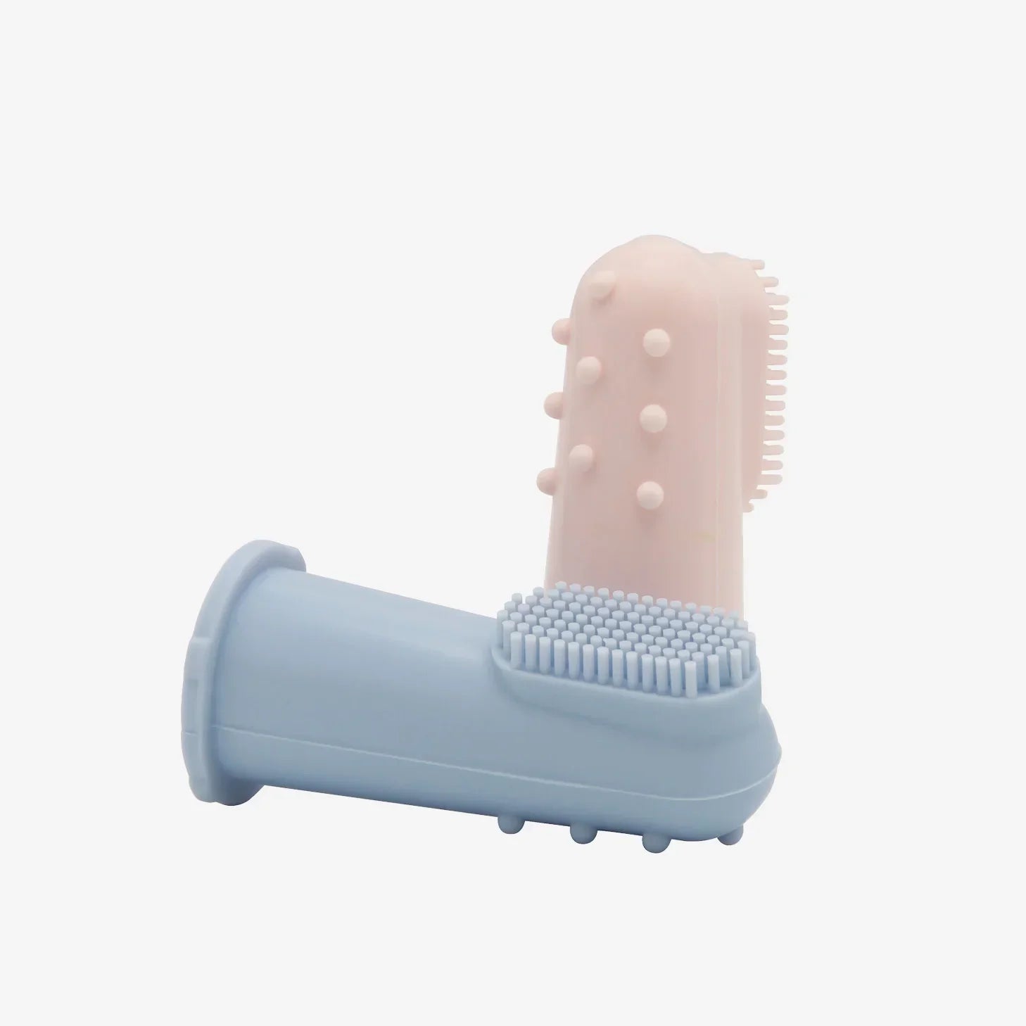 Soft silicone baby toothbrush and gum massager set in pastel pink and blue