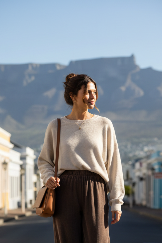 Woman in cozy cream sweater and brown corduroy pants, effortless layering for cooler days